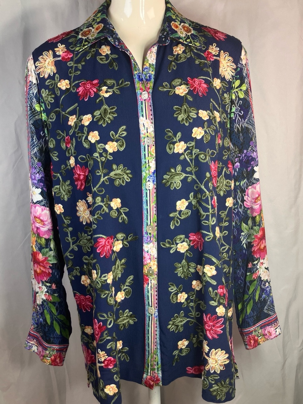 John Mark Floral Tunic Blouse in Blue, Pink, Yellow, Green Embroidered Artsy